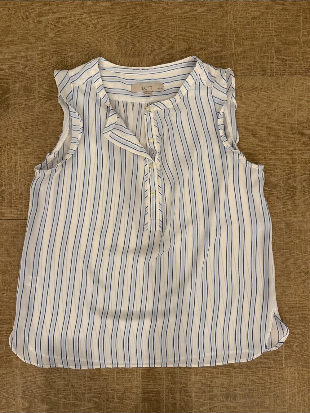 LOFT White and Blue Striped Ruffle Sleeveless Top